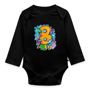 8 Jahre alt - 8. Geburtstag mit Tier Motiv - Baby Bio-Langarm-Body - Schwarz - Vorne
