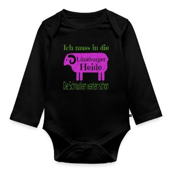 Lüneburger Heide Motiv mit Heidschnucke - Baby Bio-Langarm-Body - Schwarz - Vorne