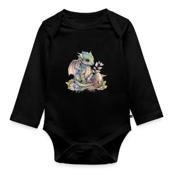 Fabulous Baby Dragon with Flowers - Organic Longsleeve Baby Bodysuit - black - Front