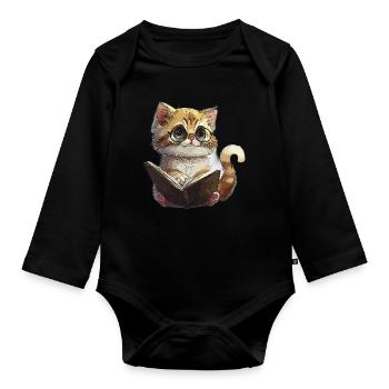 Lesekätzchen mit Brille Katze Lesekatze - Baby Bio-Langarm-Body - Schwarz - Vorne
