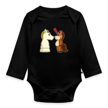 Pferd Schachfigur Springer Schach - Baby Bio-Langarm-Body - Schwarz - Vorne