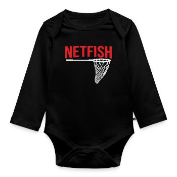 Funny fishing, Netfish, perody fishing design - Organic Longsleeve Baby Bodysuit - black - Front