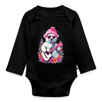 Ours polaire mignon avec guitare - Body Bébé bio manches longues - noir - Devant
