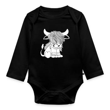 Weiße langhaarige Kuh - Baby Bio-Langarm-Body - Schwarz - Vorne