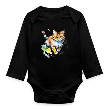 Chat aquarelle en look éclaboussure - Body Bébé bio manches longues - noir - Devant