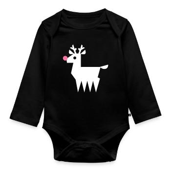 Renne Rudolf L blanc avec nez rose fluo - Body Bébé bio manches longues - noir - Devant