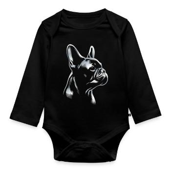 Bouledogue Français dessin tête argent - Body Bébé bio manches longues - noir - Devant