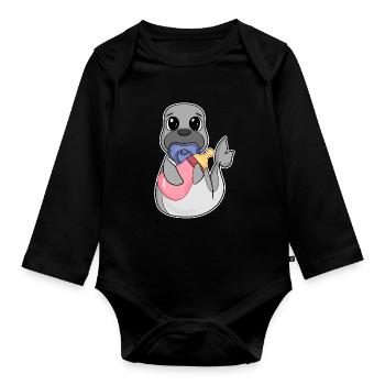 Motif bébé lion de mer - Body Bébé bio manches longues - noir - Devant