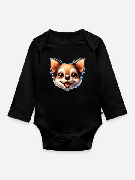 Chihuahua Hund Kopf Comic Cartoon - Langærmet babybody, økologisk bomuld - sort
