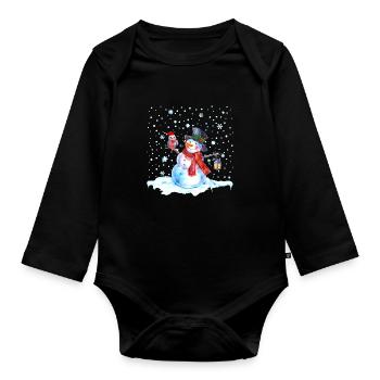 Weihnachten Nostalgie Schneemann mit Eule, Laterne - Baby Bio-Langarm-Body - Schwarz - Vorne