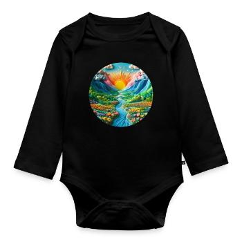 Landschaft bunt mit Sonne Berge und See aus Knete - Baby Bio-Langarm-Body - Schwarz - Vorne