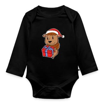 Bison with Santa hat and Christmas gift - Organic Longsleeve Baby Bodysuit - black - Front