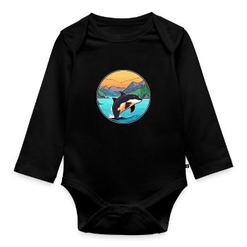 Orca Aquarell Cartoon Kawaii Clipart Tier - Baby Bio-Langarm-Body - Schwarz - Vorne