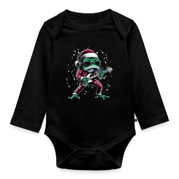 cool frog with guitar and santa hat - Organic Longsleeve Baby Bodysuit - black - Front