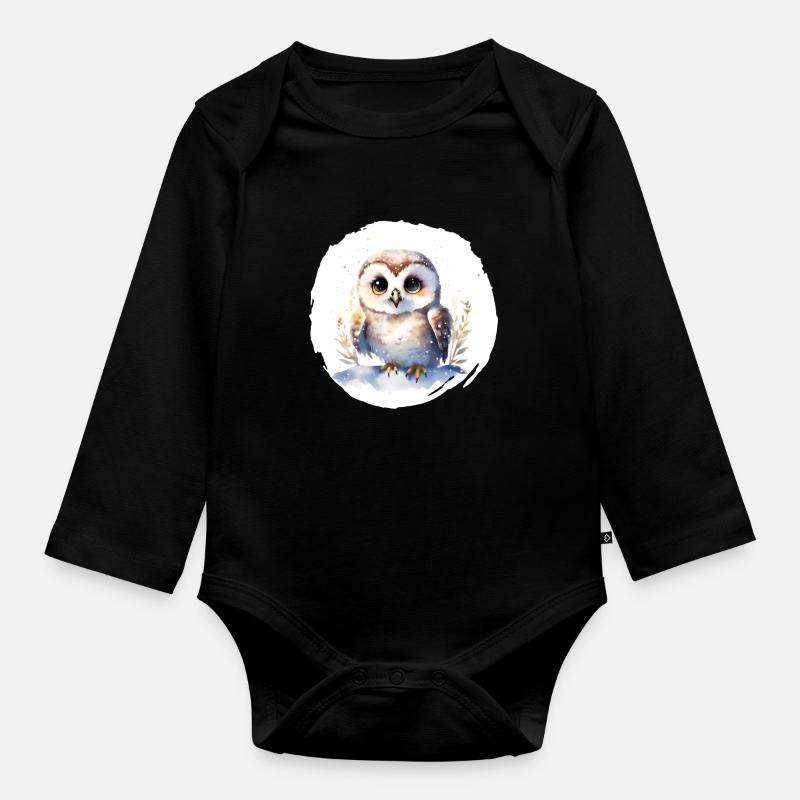 Schnee Eule Aquarell - Baby Bio-Langarm-Body - Schwarz