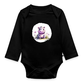 Aquarelle Hippopotame - Body Bébé bio manches longues - noir - Devant