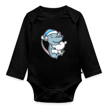 Souris avec oreiller et bonnet somnolent - Body Bébé bio manches longues - noir - Devant