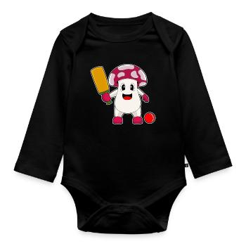 Mushroom Cricket Cricket Bat - Organic Longsleeve Baby Bodysuit - black - Front