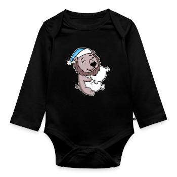 Lion avec oreiller et bonnet somnolent - Body Bébé bio manches longues - noir - Devant