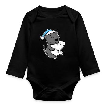 Panthère noire avec oreiller et bonnet somnolent - Body Bébé bio manches longues - noir - Devant
