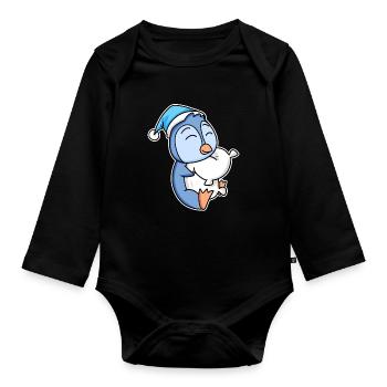 Pingouin avec oreiller et bonnet somnolent - Body Bébé bio manches longues - noir - Devant