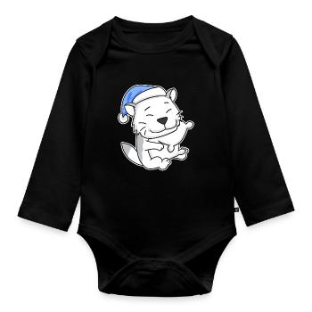 Sleeping Tired - Cat with Pillow and Sleepy Cap - Organic Longsleeve Baby Bodysuit - black - Front