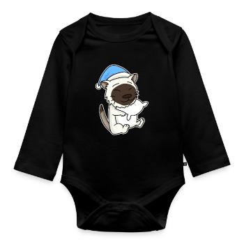 Sleeping Tired - Cat with Pillow and Sleepy Cap - Organic Longsleeve Baby Bodysuit - black - Front