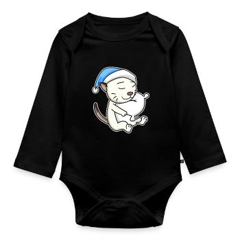 Sleeping Tired - Cat with Pillow and Sleepy Cap - Organic Longsleeve Baby Bodysuit - black - Front