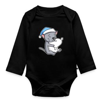 Sleeping Tired - Cat with Pillow and Sleepy Cap - Organic Longsleeve Baby Bodysuit - black - Front