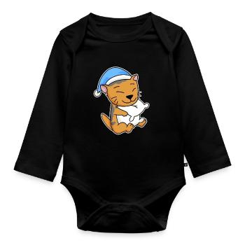 Sleeping Tired - Cat with Pillow and Sleepy Cap - Organic Longsleeve Baby Bodysuit - black - Front