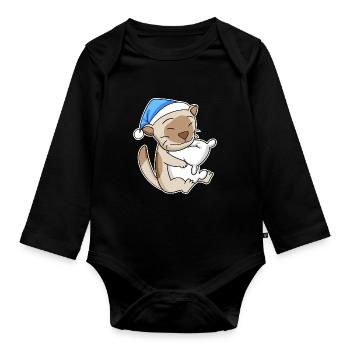 Sleeping Tired - Cat with Pillow and Sleepy Cap - Organic Longsleeve Baby Bodysuit - black - Front