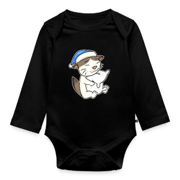 Sleeping Tired - Cat with Pillow and Sleepy Cap - Organic Longsleeve Baby Bodysuit - black - Front