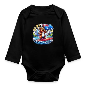 Quokka Australien Surfing Design - Baby Bio-Langarm-Body - Schwarz - Vorne