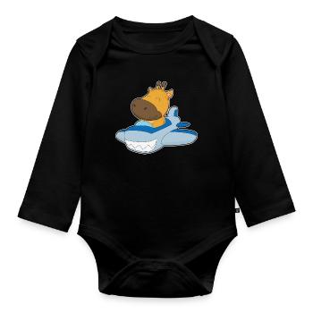 Giraffe Airplane - Organic Longsleeve Baby Bodysuit - black - Front