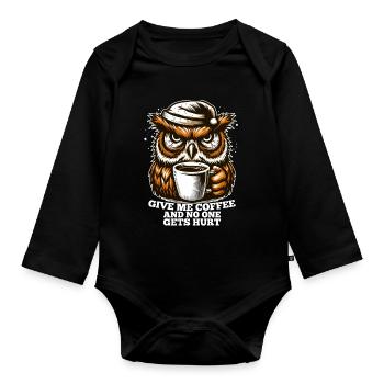Owl Coffee Tired Gift - Organic Longsleeve Baby Bodysuit - black - Front