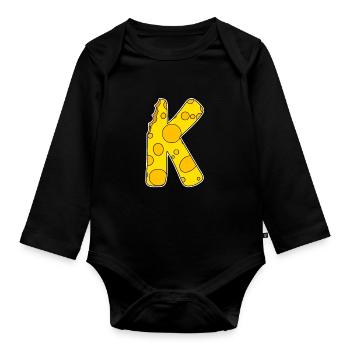 Buchstabe K - Anfangsbuchstabe K - Käse Motiv - Baby Bio-Langarm-Body - Schwarz - Vorne