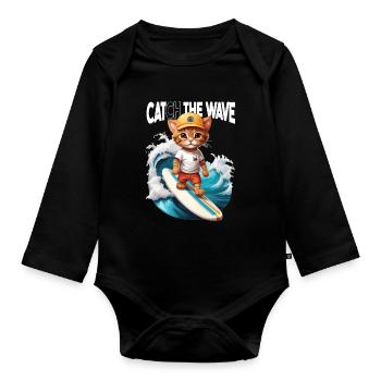 Cat Surfer Catch the Wave - Organic Longsleeve Baby Bodysuit - black - Front