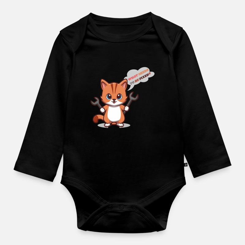 Cute Kitten with Tools and Question - Organic Longsleeve Baby Bodysuit - black