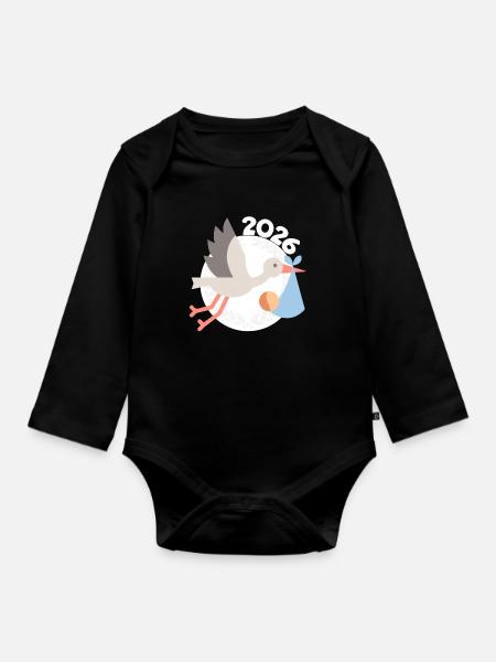 Storch mit Baby 2026 - Baby Bio-Langarm-Body - Schwarz