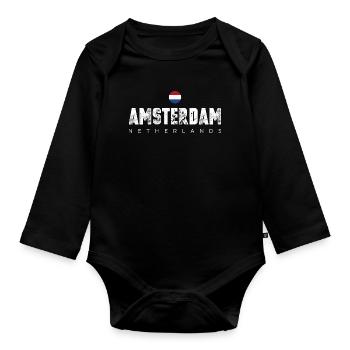 Amsterdam Bold Distressed Typography - Organic Longsleeve Baby Bodysuit - black - Front