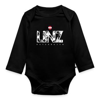 Linz Distressed City Text - Organic Longsleeve Baby Bodysuit - black - Front
