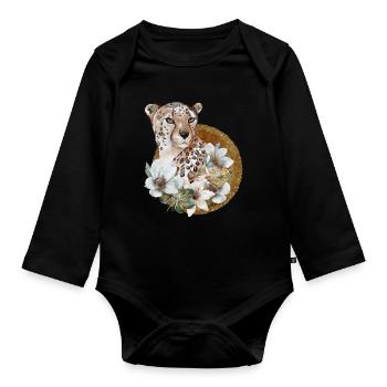 Léopard avec or et fleurs - Body Bébé bio manches longues - noir - Devant
