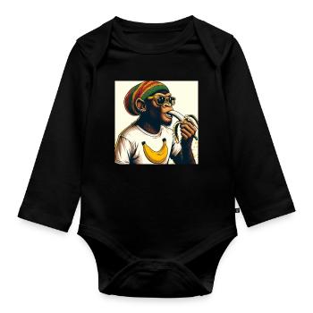 Cool monkey eats banana - Organic Longsleeve Baby Bodysuit - black - Front