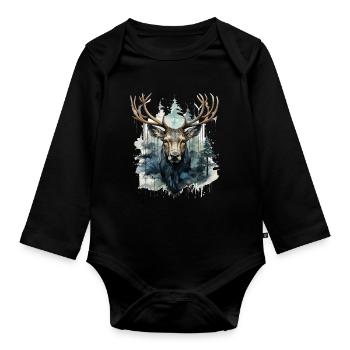 Deer in the Forest Watercolors - Organic Longsleeve Baby Bodysuit - black - Front