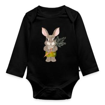 cute rabbit with carrot and shorts - Organic Longsleeve Baby Bodysuit - black - Front