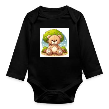 Ours en peluche devant un arbre - Body Bébé bio manches longues - noir - Devant