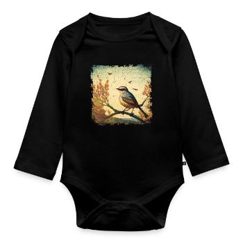 Bird sitting on branch, mediterranean background - Organic Longsleeve Baby Bodysuit - black - Front