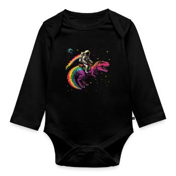 Astronaut reitet T-Rex Dinosaurier - Baby Bio-Langarm-Body - Schwarz - Vorne