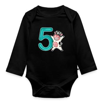 5th Birthday Motif Cow - Five Years Old - Organic Longsleeve Baby Bodysuit - black - Front