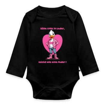 Cute duck in leather - Organic Longsleeve Baby Bodysuit - black - Front